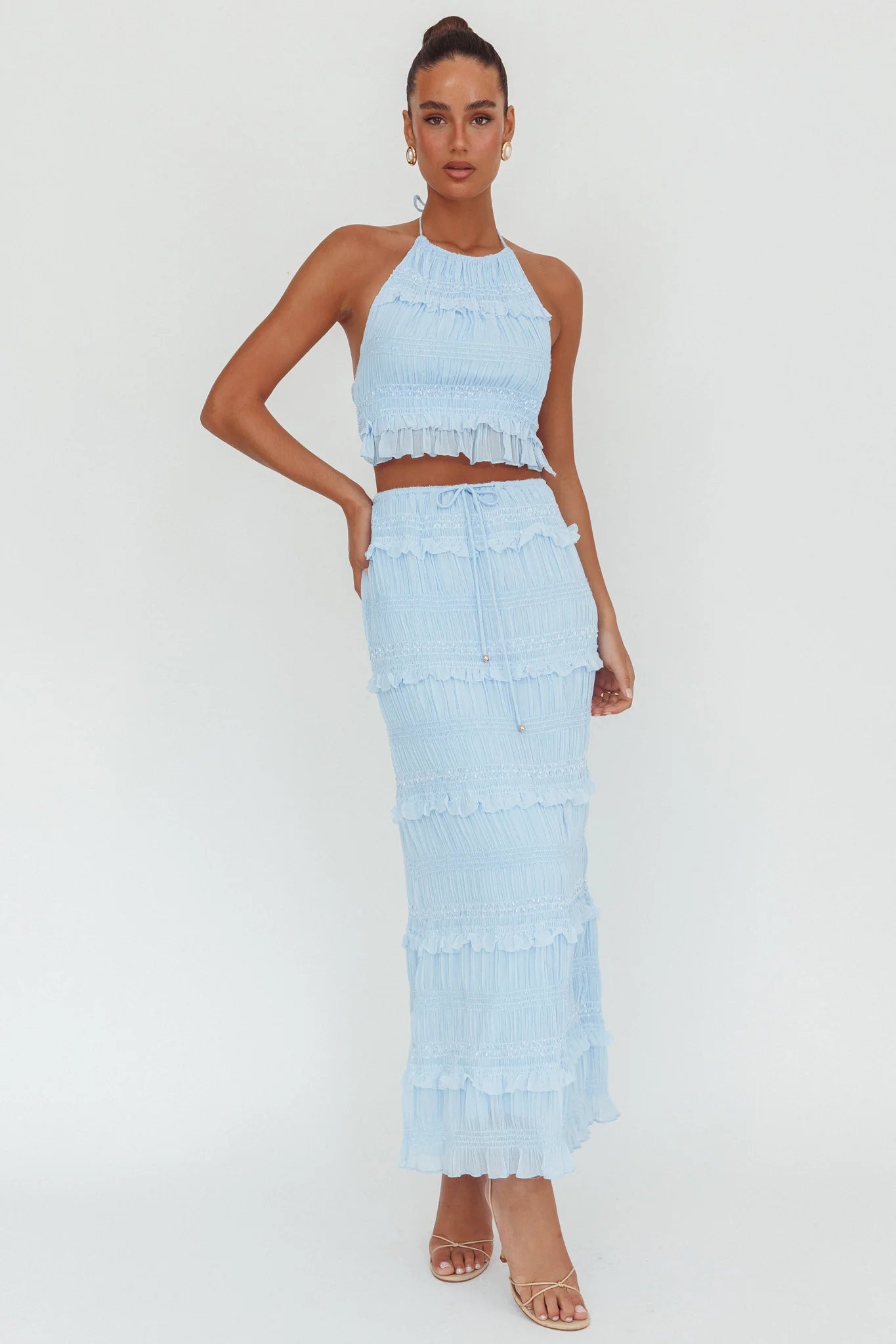 Helios Shirred Sequin Maxi Skirt Blue