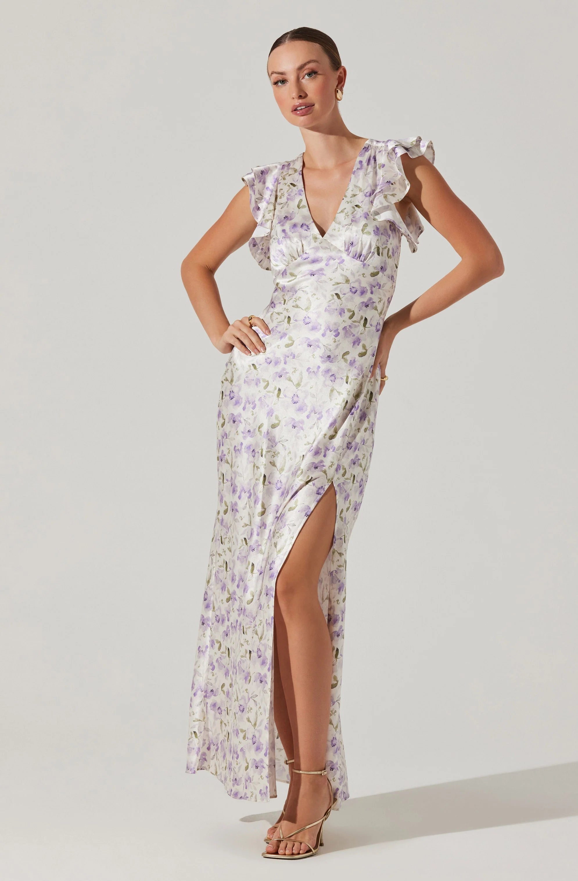 Satin Flutter Sleeve Maxi Dress