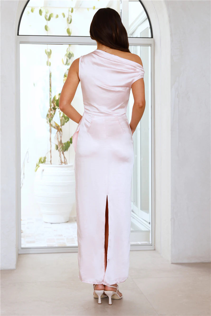 Satin Whisper Off Shoulder Maxi Dress Pink