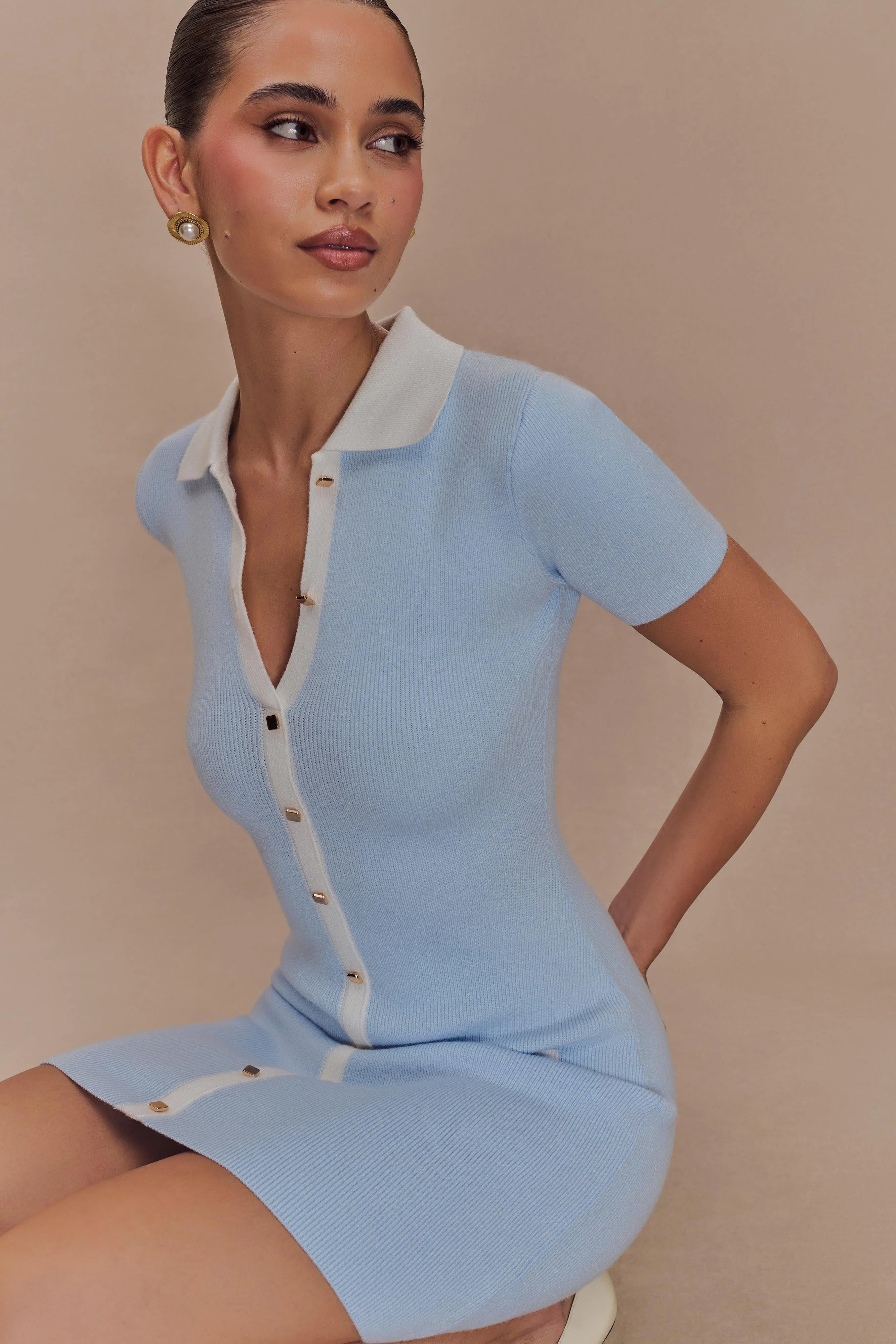 Seema Contrast Mini Dress - Light Blue/White