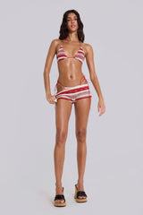 Cata Red Stripe Ruffle Knit Mini Shorts