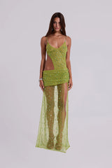 Stellar Asymmetric Hand Beaded Maxi Dress