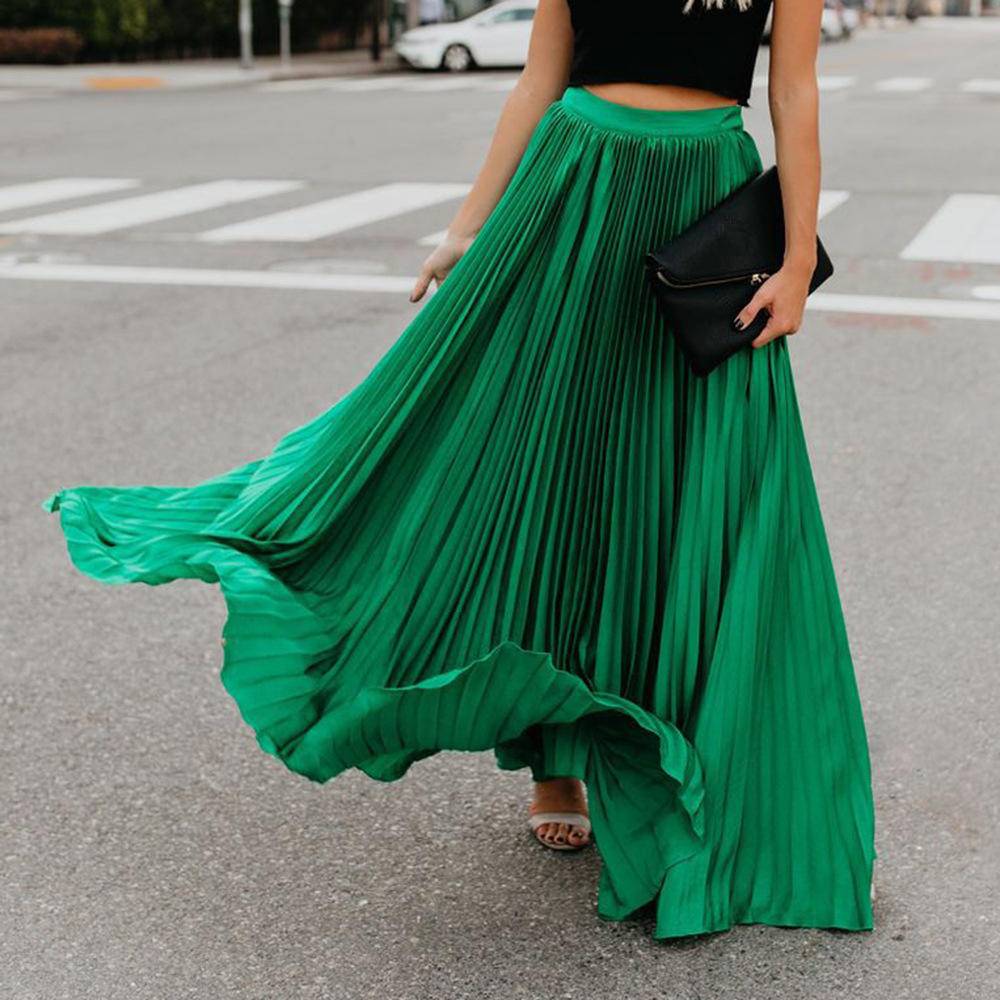 Solid Pleated Swing Floor Dress