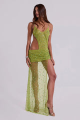 Stellar Asymmetric Hand Beaded Maxi Dress