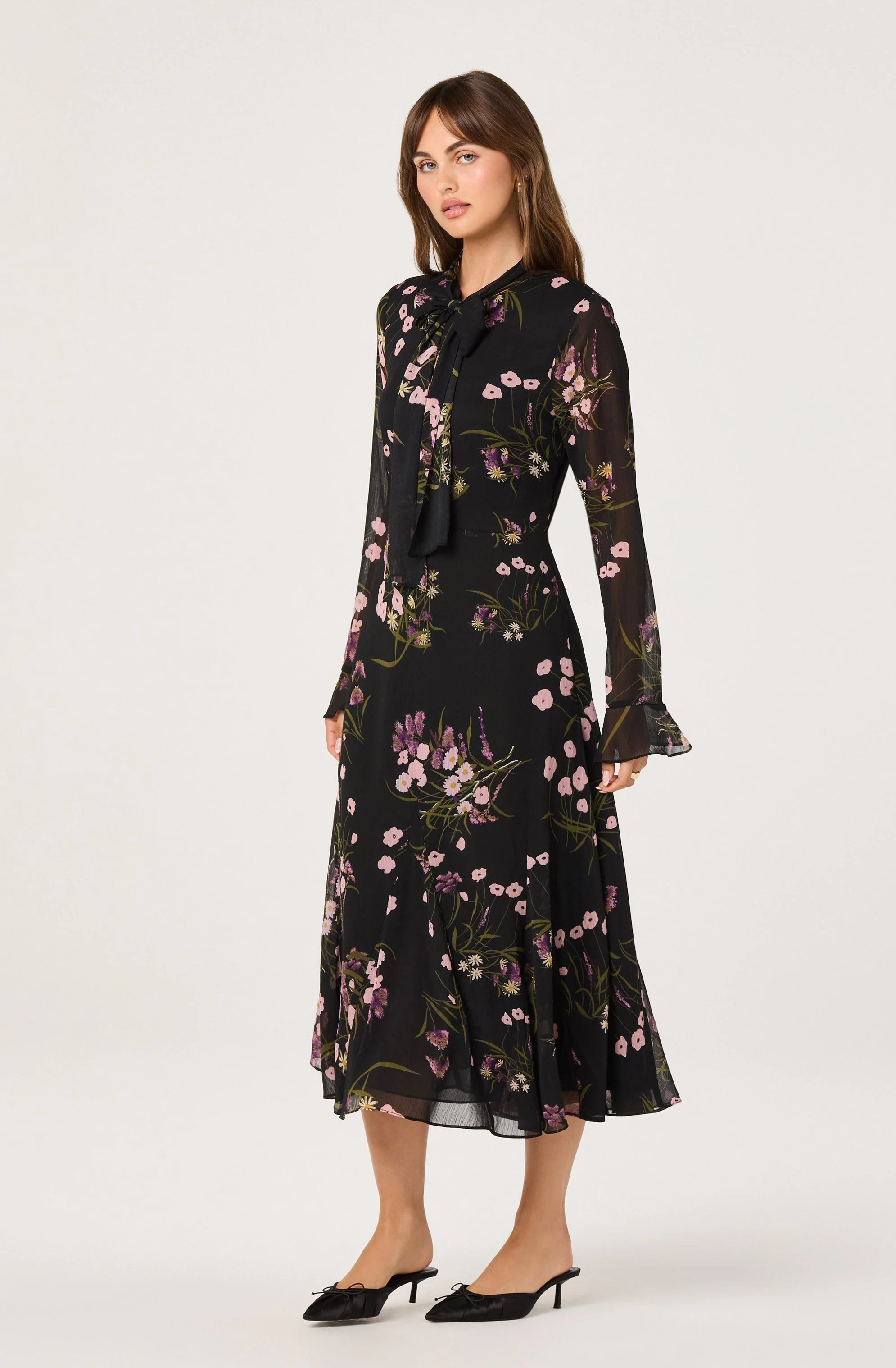 Tie-Neck Ruffled Midi Dress