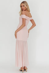 Wilma Off-Shoulder Sheer Hem Maxi Dress Pink