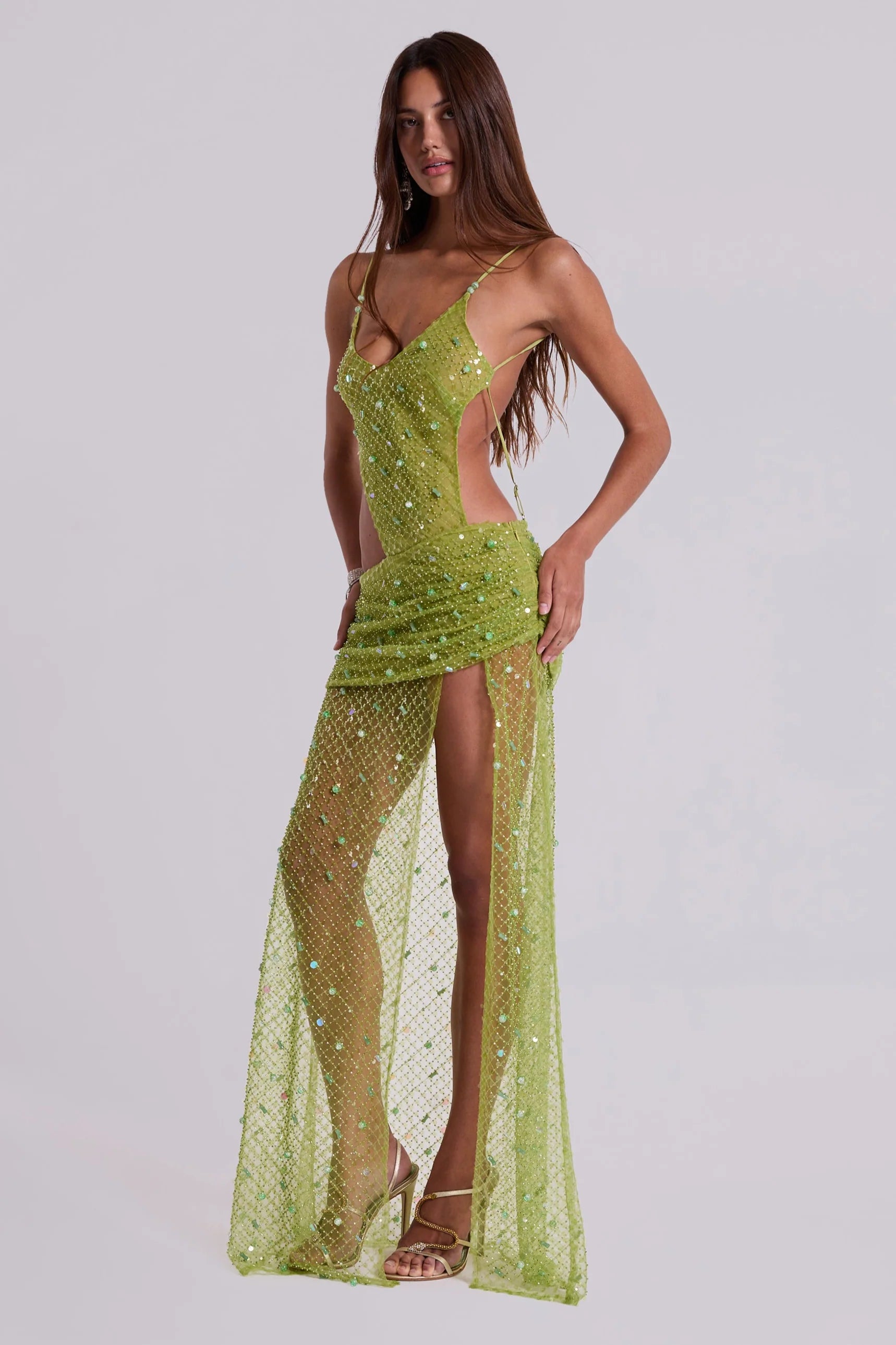 Stellar Asymmetric Hand Beaded Maxi Dress