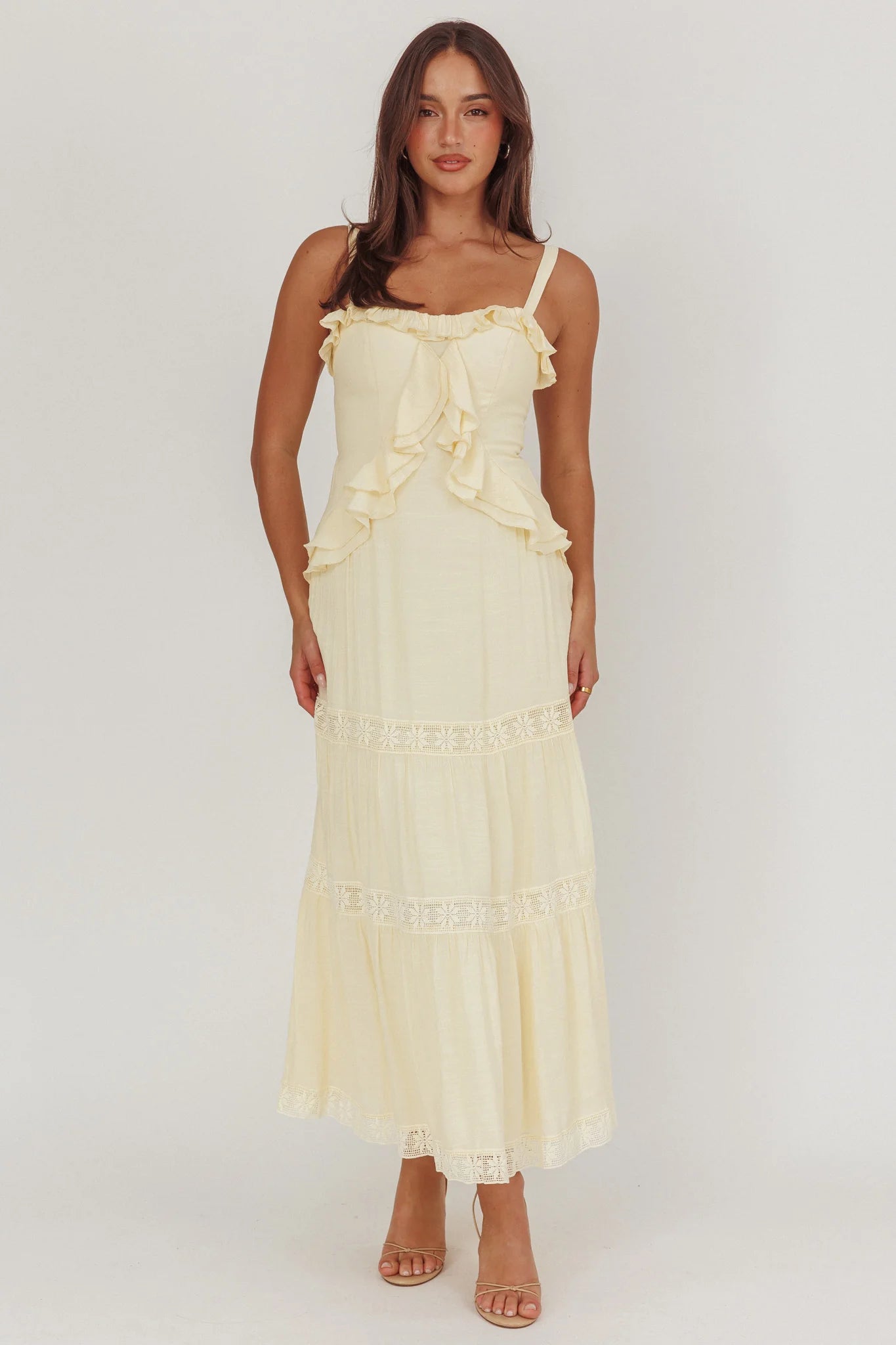 Vienna Sky Frill And Crochet Trim Maxi Dress Cream