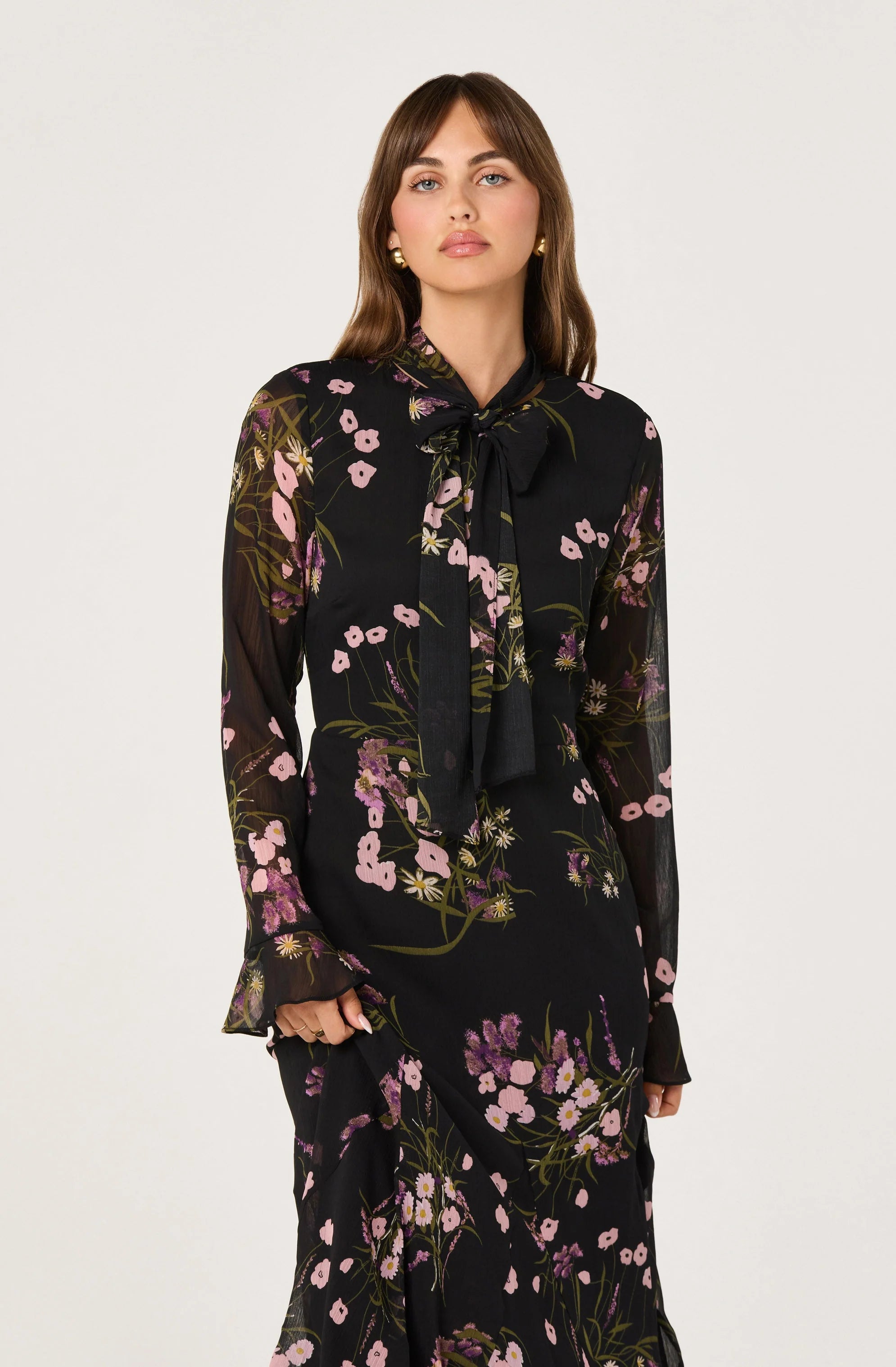 Tie-Neck Ruffled Midi Dress