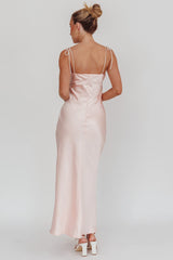Slow Burn Tied Shoulders Satin Maxi Dress Pink