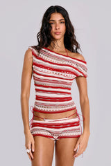 Cata Red Stripe Ruffle Knit Mini Shorts