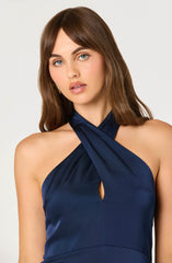 Satin Crossover Halter Midi Dress