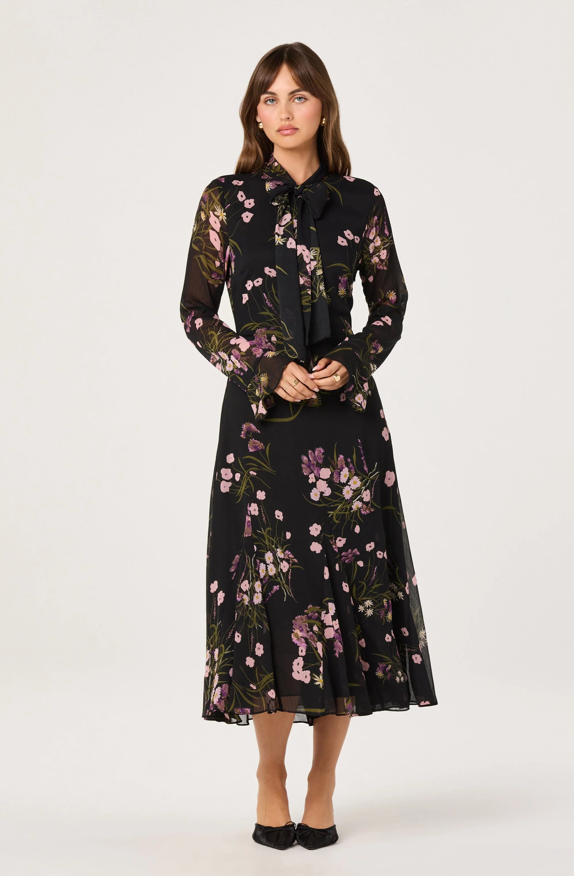 Tie-Neck Ruffled Midi Dress